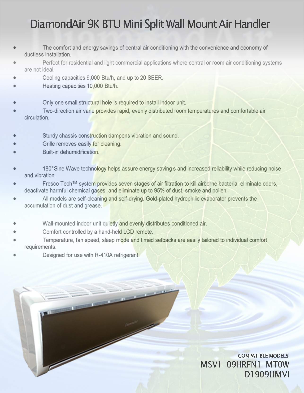 DiamondAir 9K BTU High Efficient Wall Mount Air Handler ONLY(T)